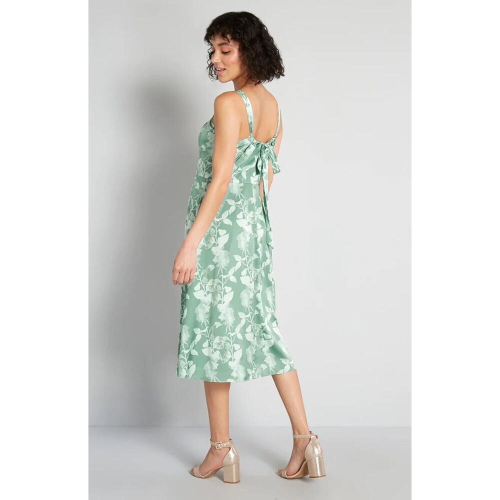Hutch x ModCloth Tie-Back Midi Dress Green Floral Satin Size 12 Romantic Elegant - Picture 2 of 8